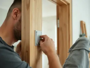 Mężczyzna ręcznie dokręca metalowy kołek typu Molly w ścianie z płyt gipsowo-kartonowych przy użyciu śrubokręta.