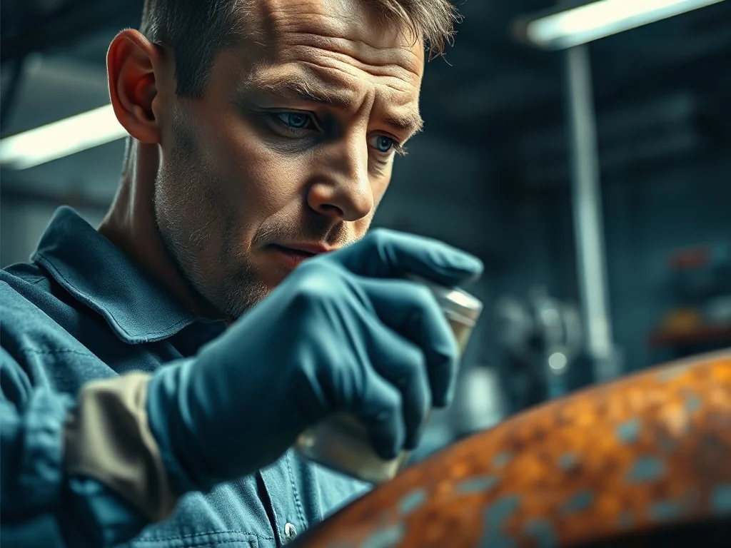 Mężczyzna w rękawicach roboczych nakłada neutralizator rdzy na skorodowany element metalowy w warsztacie samochodowym.