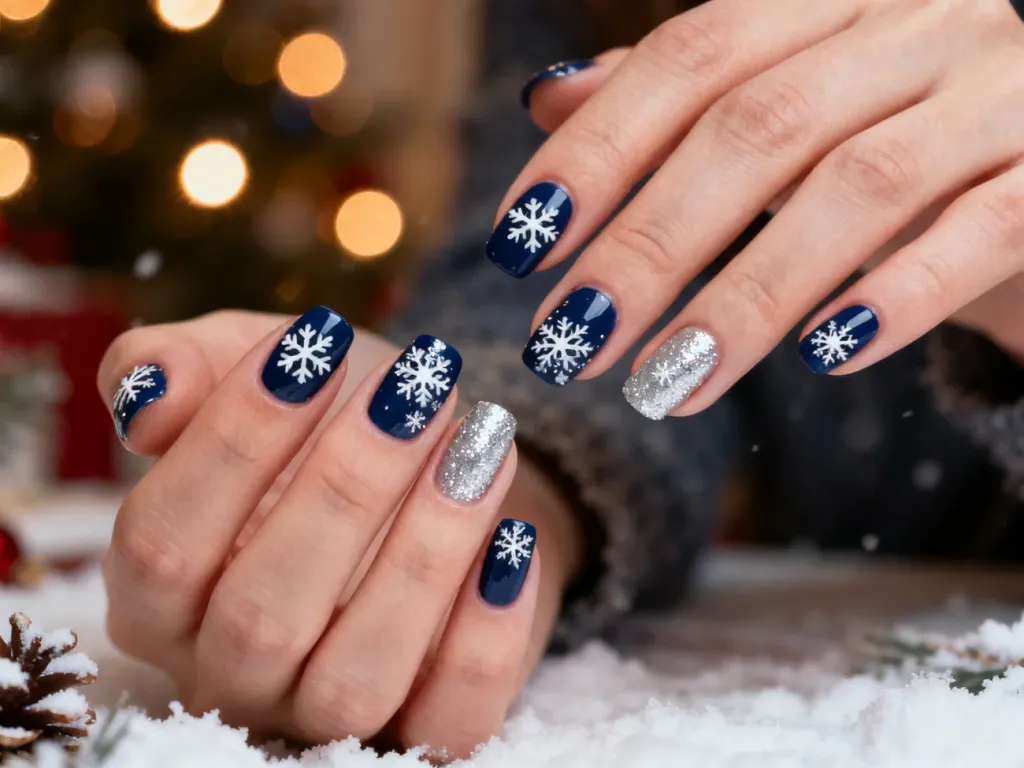 Zadbane dłonie z eleganckim zimowym manicure: granatowe paznokcie ozdobione białymi płatkami śniegu i srebrnymi akcentami.