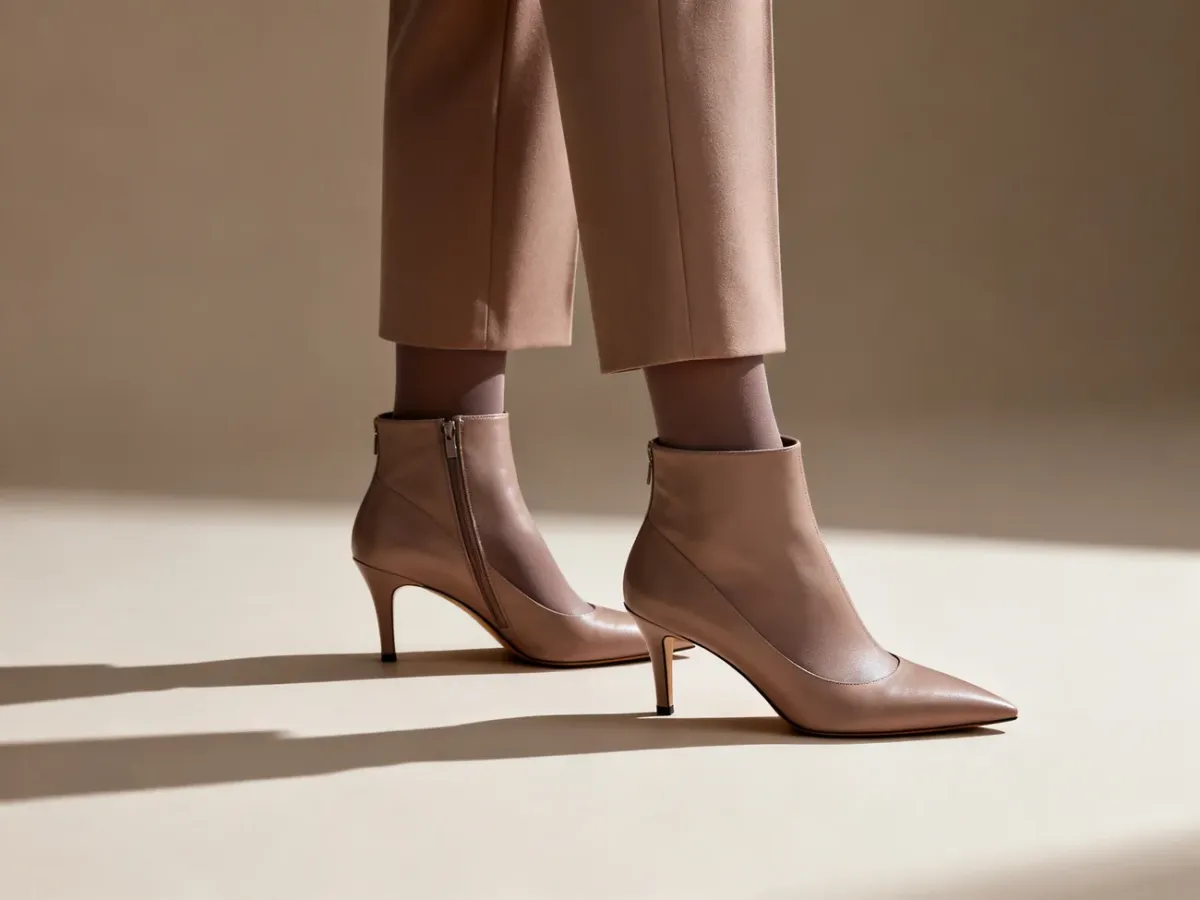 Pointed-toe shoes and slim ankle boots styled to visually lengthen the legs