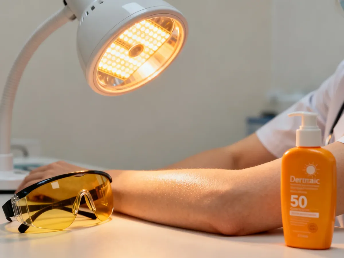 Fair skin exposed to tanning lamps beside protective eyewear and sunscreen