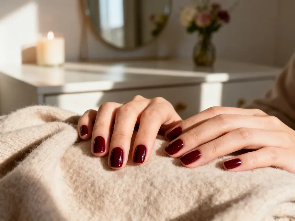 Krótkie paznokcie pomalowane eleganckim, bordowym lakierem na tle beżowego kaszmiru. Idealna inspiracja na manicure.