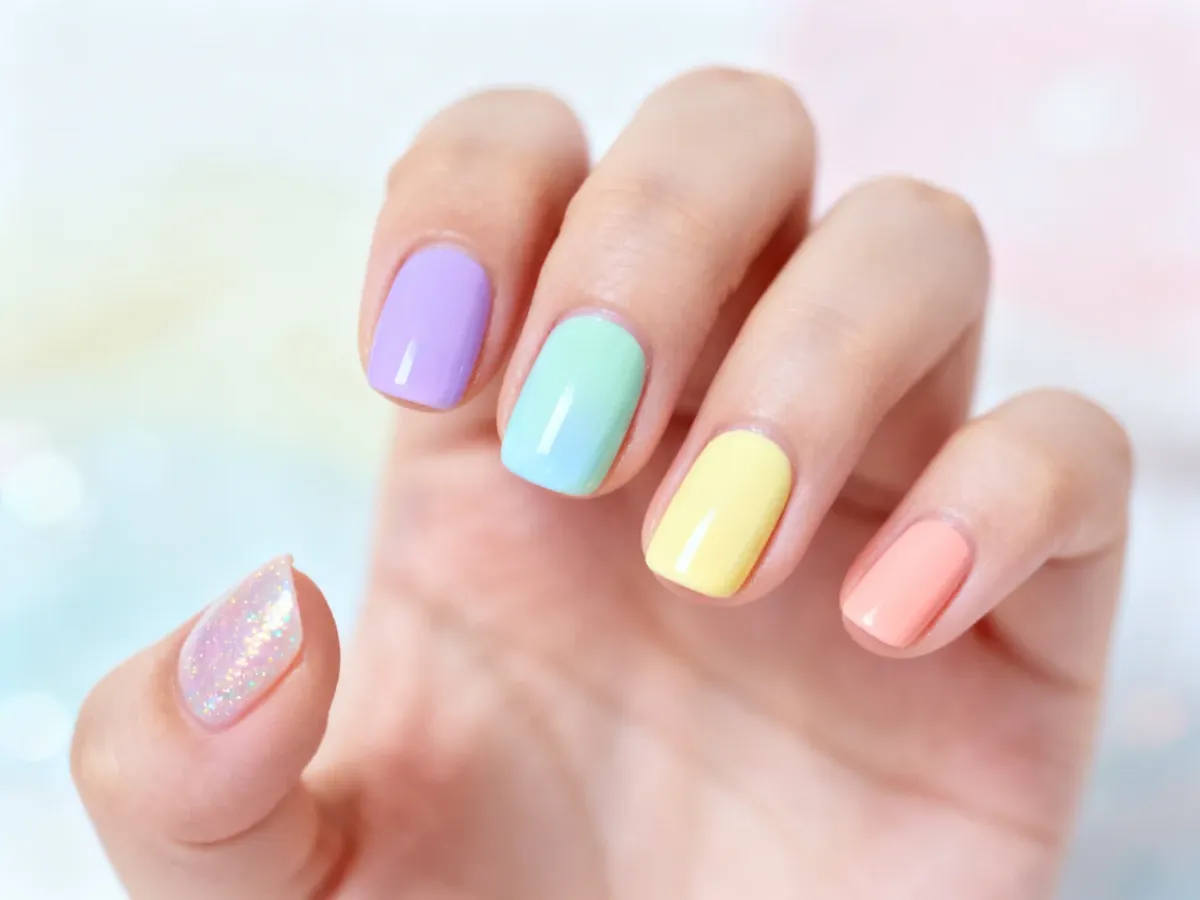 Pastelowy manicure skittles na krótkich paznokciach