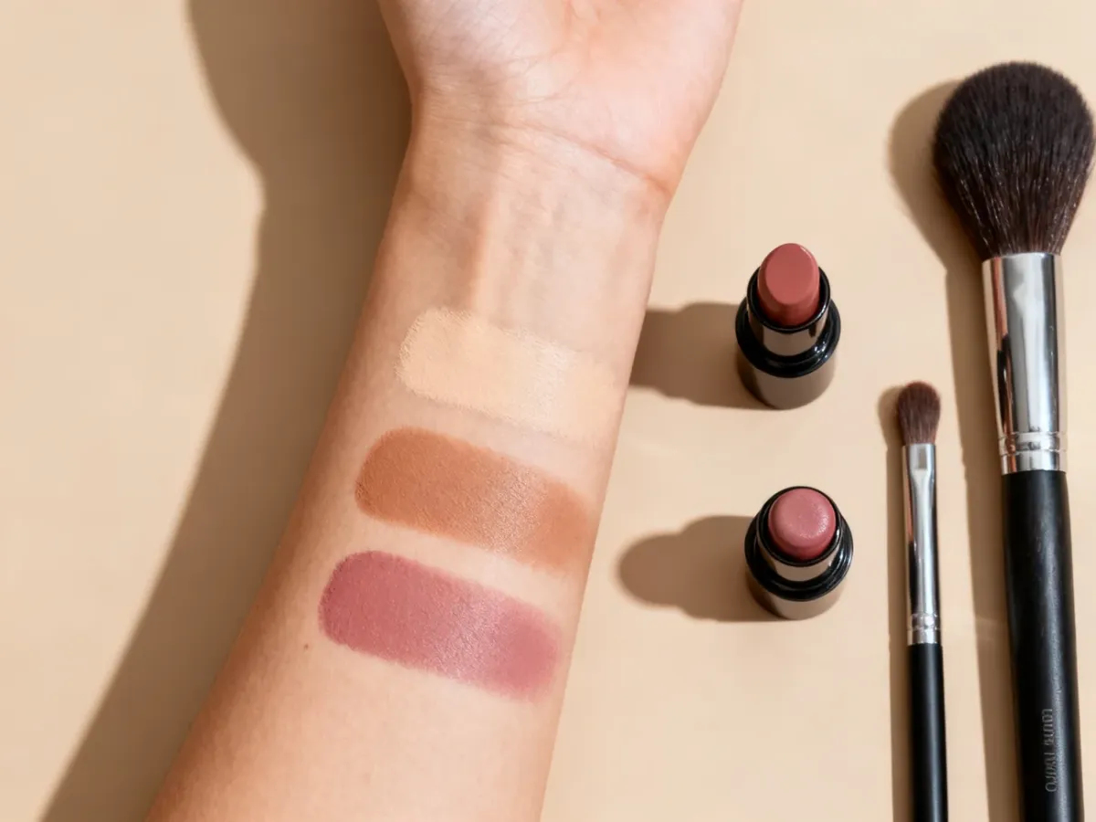 Cosmetic shade swatches tested on an arm