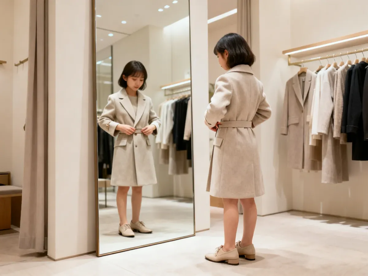 Petite woman checking the fit of a tailored coat in a fitting room