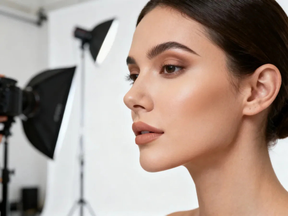 Wizażystka wykonująca precyzyjny makijaż sesyjny w studio fotograficznym