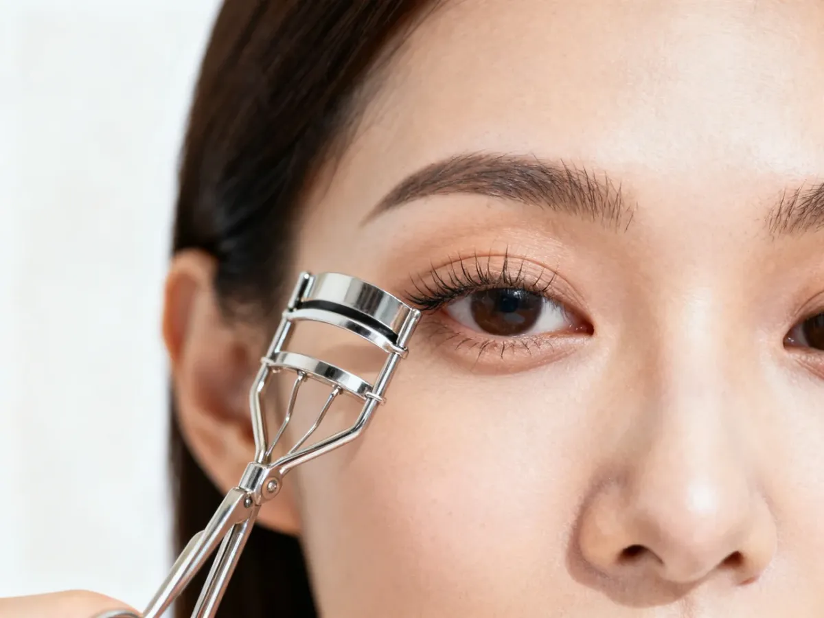 Eyelash curler lifting clean eyelashes before makeup