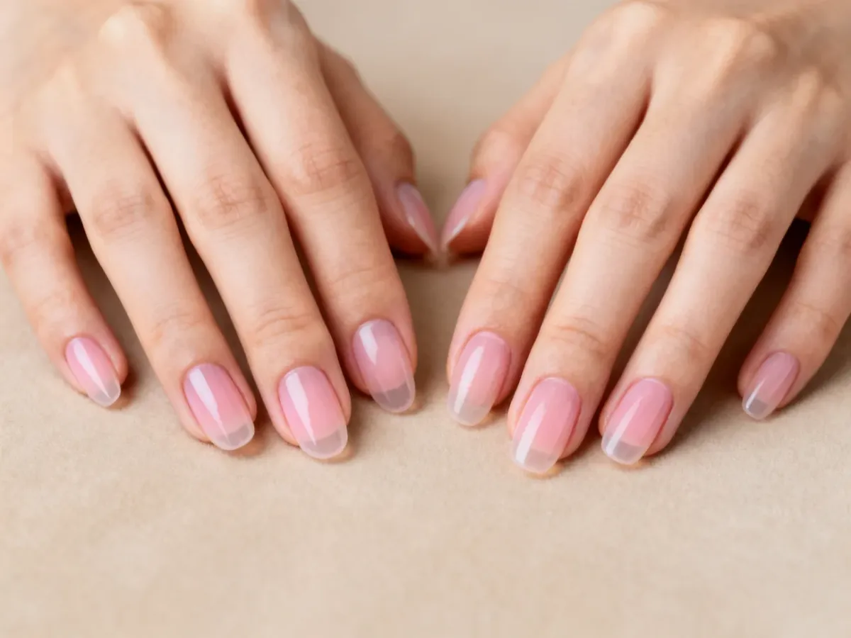 Naturalnie wyglądający manicure żelowy w delikatnym różowym odcieniu