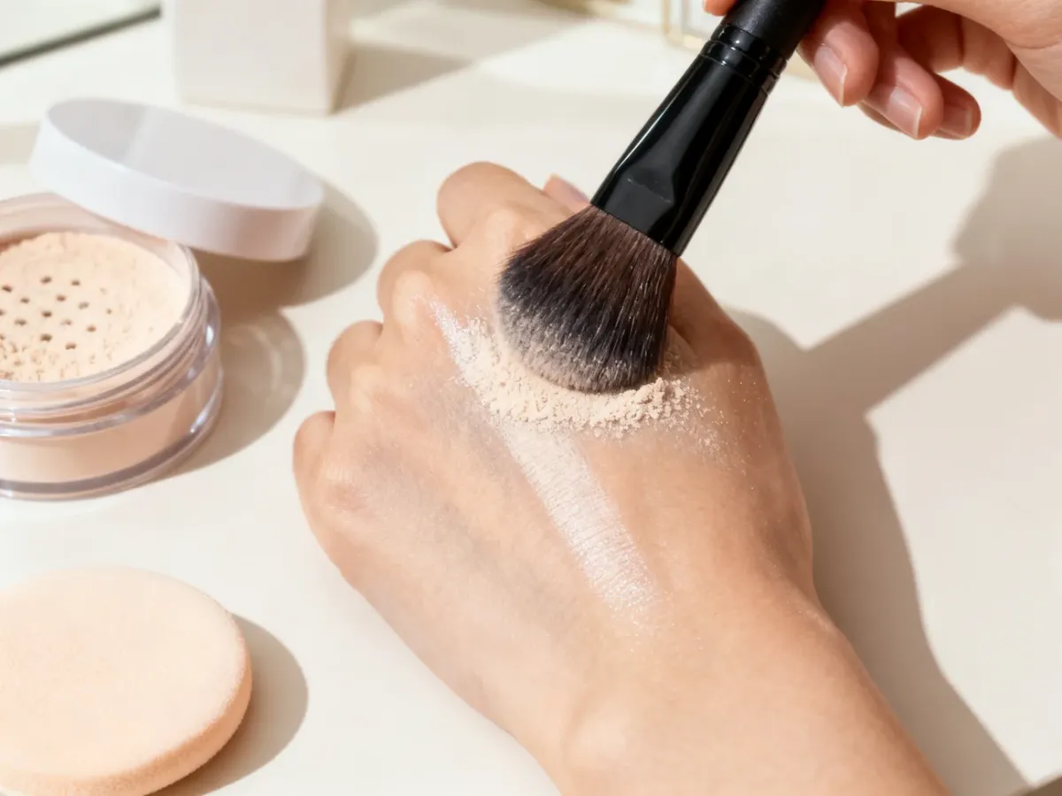 A makeup brush applying translucent powder to the face