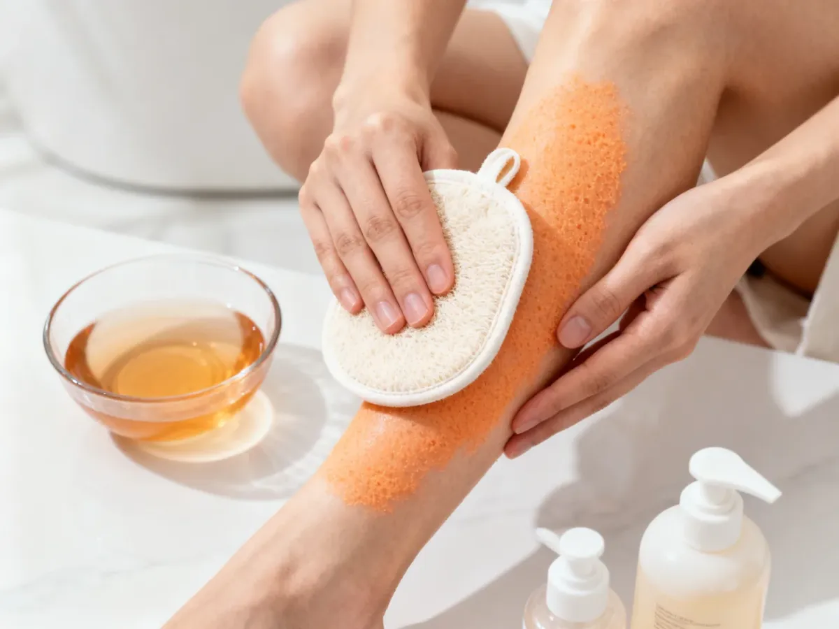 Delikatne złuszczanie samoopalacza z dłoni za pomocą rękawicy peelingującej