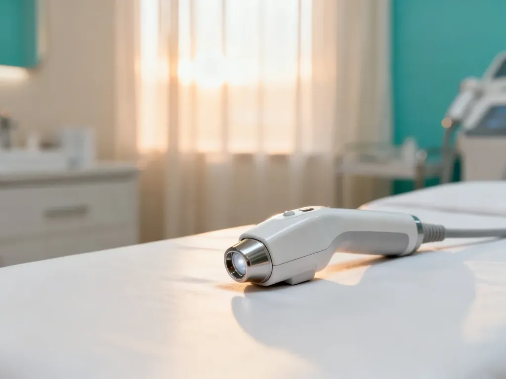 Profesjonalny laser medyczny w sterylnym gabinecie kosmetycznym, gotowy do zabiegu depilacji.