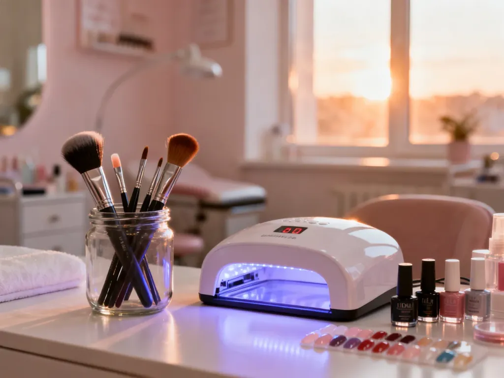 Profesjonalne stanowisko do manicure z lampą UV, żelami i pędzelkami, przygotowane do przedłużania paznokci.