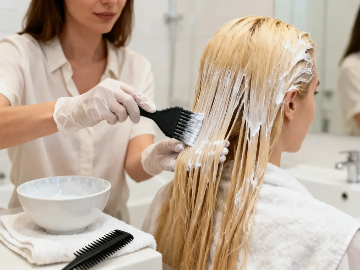 Aplikacja tonera na podzielone, wilgotne blond włosy