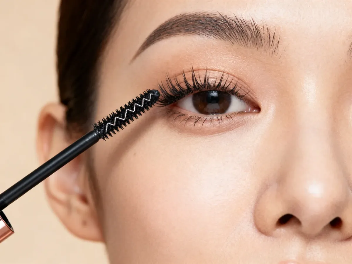 A woman carefully applying mascara to build fuller-looking eyelashes