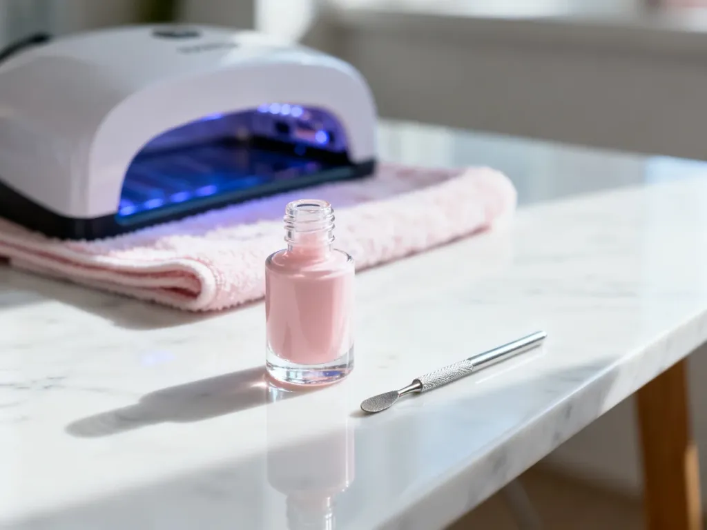 Profesjonalne stanowisko do manicure z lakierem, cążkami i lampą UV na marmurowym blacie.