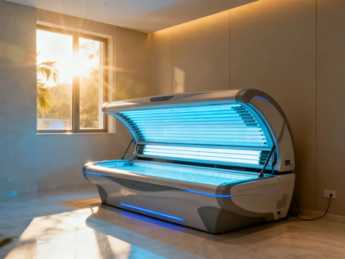 Solarium showing concentrated UV lamps compared with summer sunlight