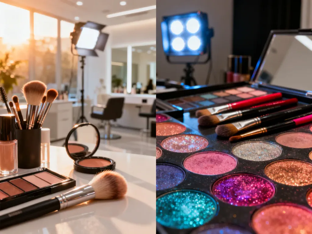 Zestawienie delikatnych kosmetyków do makijażu dziennego z wyrazistymi produktami profesjonalnymi w nowoczesnym salonie.