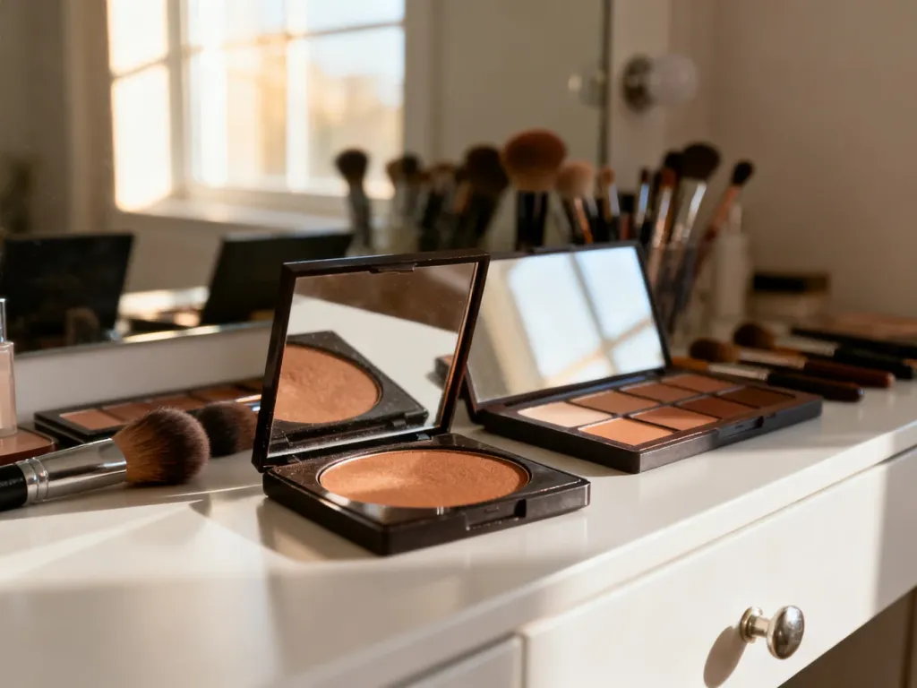 Profesjonalne pędzle do makijażu oraz palety do konturowania i bronzer na białej toaletce w słonecznym świetle.