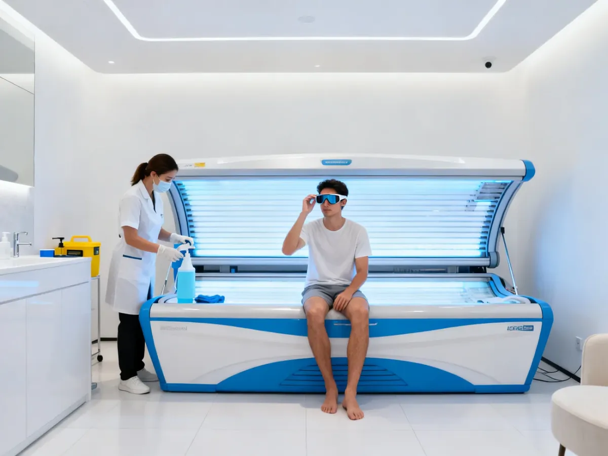Protective goggles and hygiene precautions in a tanning salon