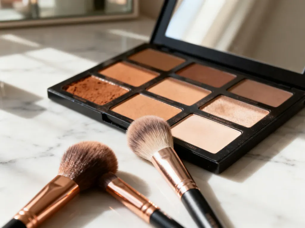 Profesjonalna paleta do konturowania z bronzerami i rozświetlaczem oraz zestaw pędzli na marmurowym blacie.