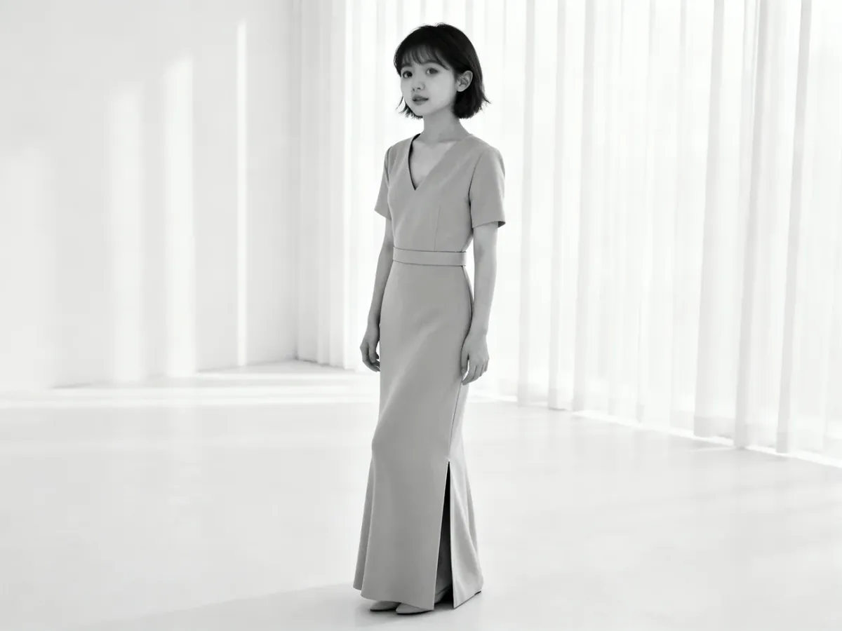 Petite woman in a fitted ankle-length maxi dress with a defined waist