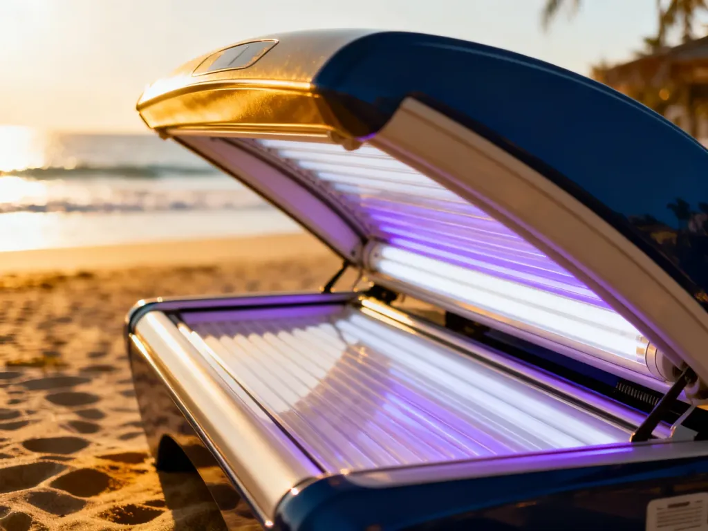 Nowoczesne solarium z delikatną poświatą UV na tle słonecznej plaży, symbolizujące porównanie opalania sztucznego i naturalnego.