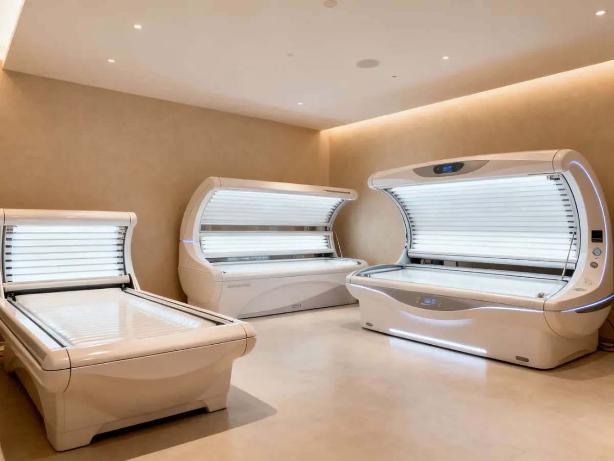Wnętrze solarium z różnymi typami nowoczesnych urządzeń opalających
