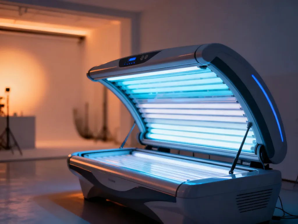 Nowoczesne łóżko opalające w profesjonalnym solarium z włączonymi lampami UV w przytulnym, minimalistycznym wnętrzu.