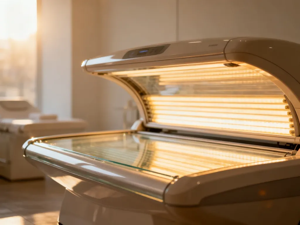 Wnętrze nowoczesnego solarium z włączonymi lampami UV, zapewniającymi równomierne opalanie w profesjonalnym salonie.